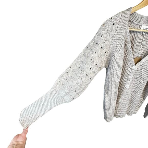 New Bibi Oatmeal V-Neck Button UP Cardigan Sweater Pointelle Sleeves Women's S - Picture 2 of 11